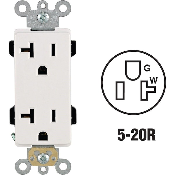 Straight Blade Receptacle, 5-20R, 20 A, 125V AC, 2 Pole, 3 Wire, Self-Grounded